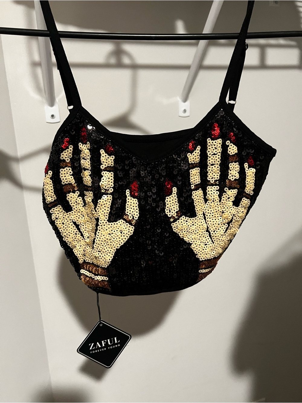 Zaful Black Sequin Crop Top with Gold Hand Motif